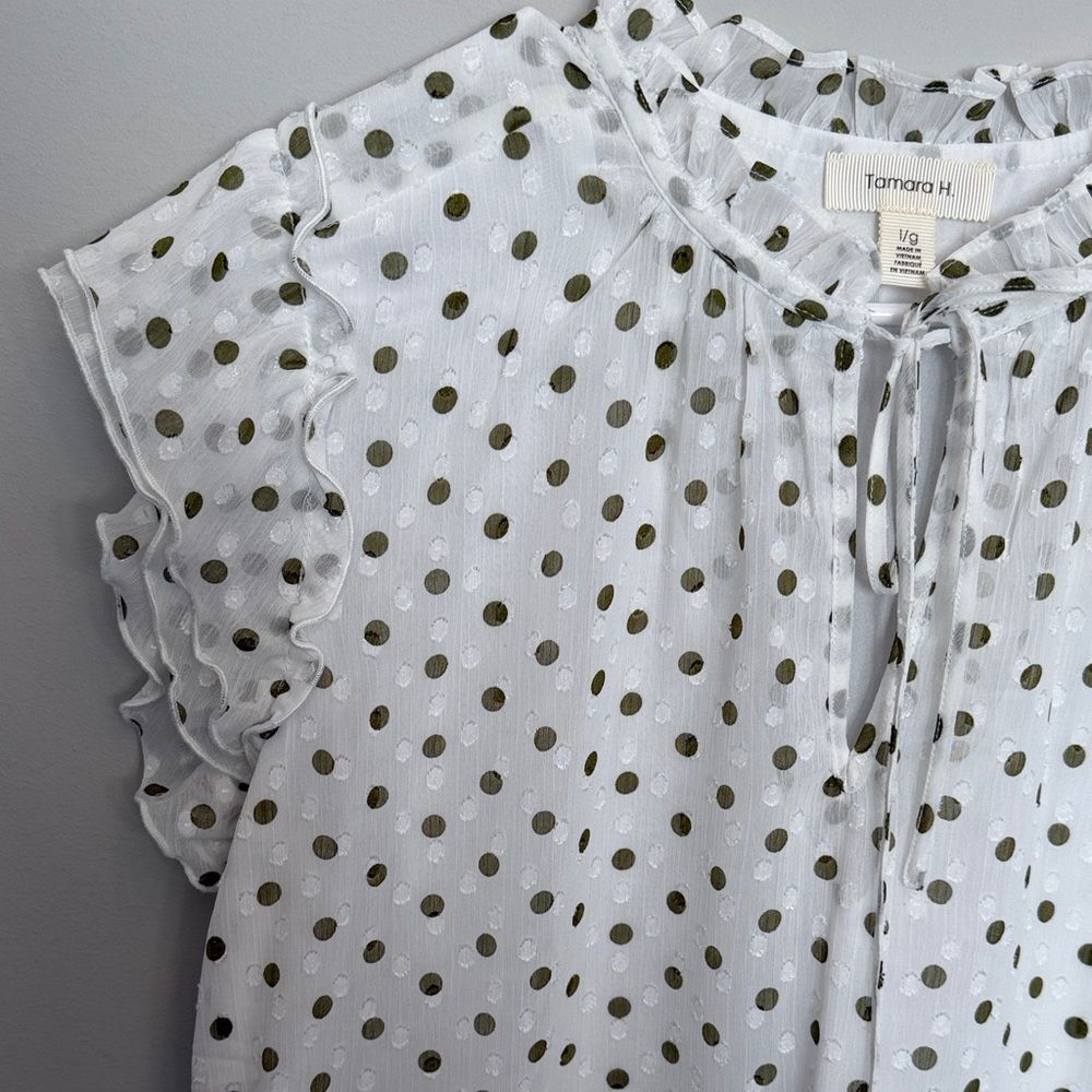 Tamara H Tie-Neck White and Olive Polka Dot Ruffle Sleeveless Blouse. Size Large - Picture 4 of 5